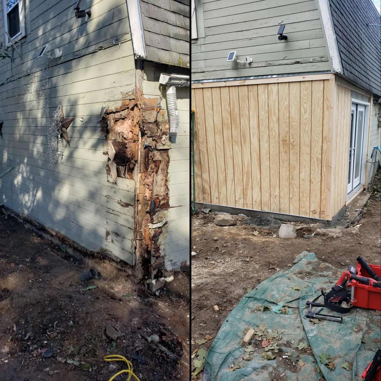 Before and after exterior wood repair: rotted siding replaced with new wooden panels