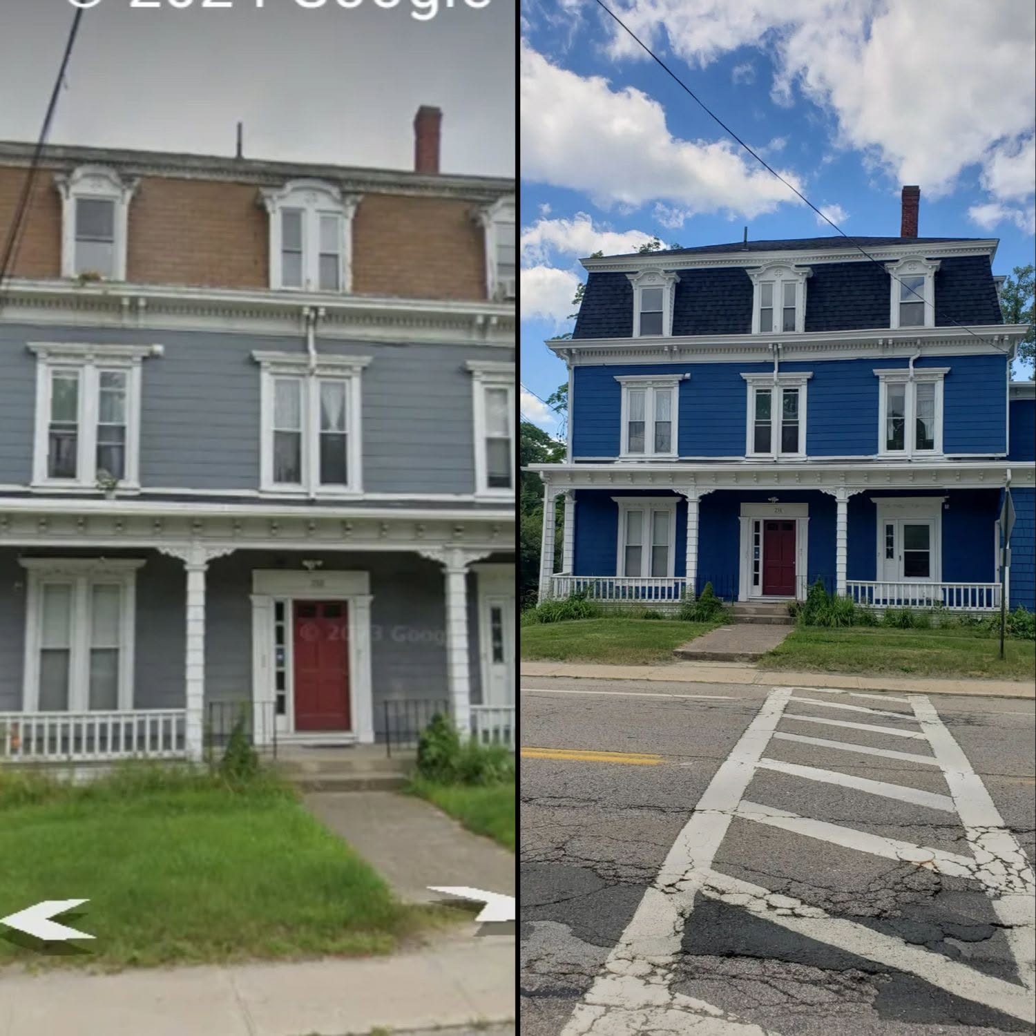 Before and after comparison of two Victorian homes with exterior renovations